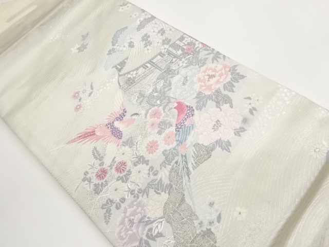 錦プラチナ箔道長取に屋敷・花鳥・波模様織出し名古屋帯